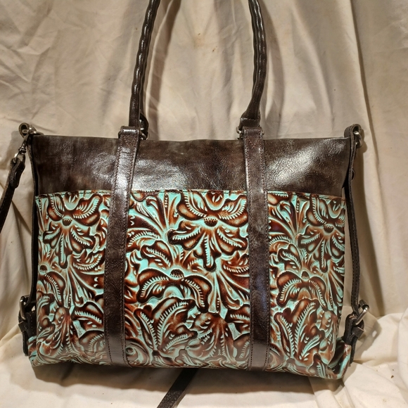 Brown and Green Embossed All Leather Patricia Nash Tote - Picture 10 of 16